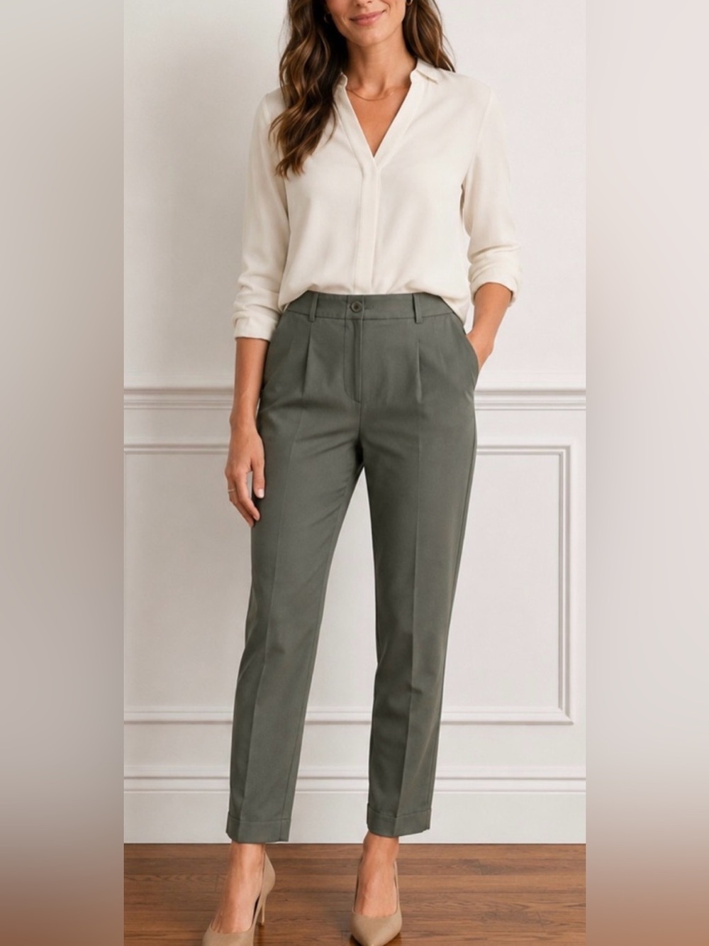 Loft Lyocell Army Green Pleated Crops
